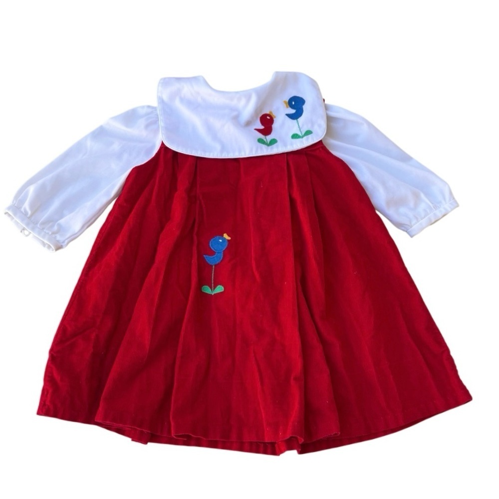 Jayne Copeland Red and White Baby Dress set with Bird Embroidery Size 18 MONTHS